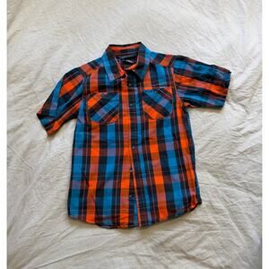 Sean John Orange/Blu/Black Plaid Short Sleeve Button Down Shirt Boys M